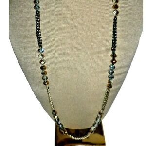 Chloe + Isabel Long Beaded Chain Necklace Gold Green Iridescent Boho Button Loop